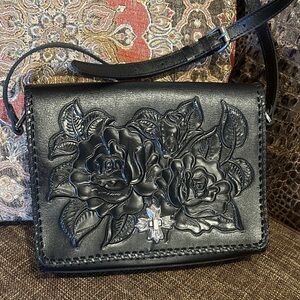 Patricia Nash Black Rose Embossed Crossbody Bag